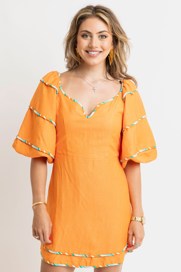 KARLIE: ORANGE MULTI STRIPE SWEETHEART PUFF SLEEVE DRESS