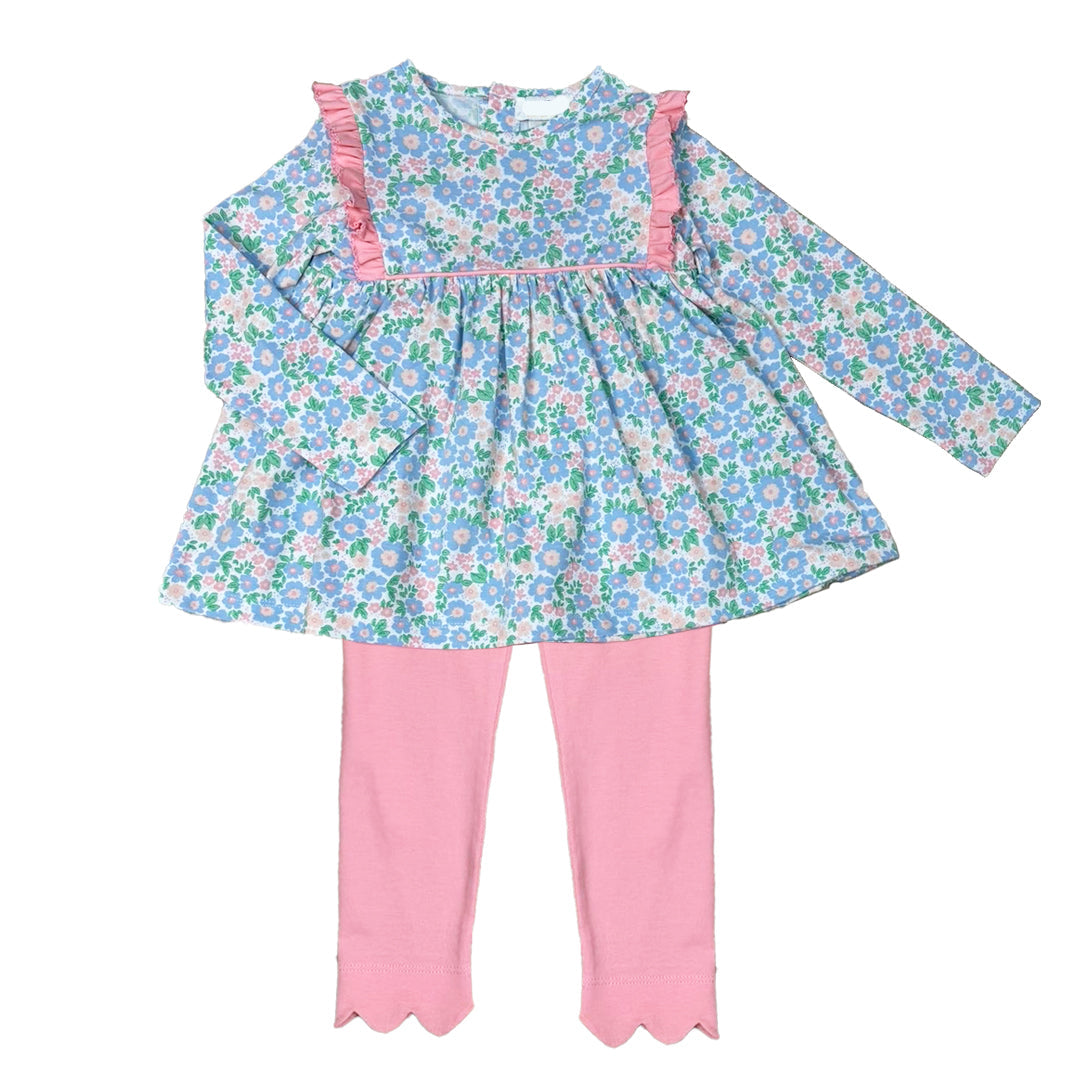 Floral top with long sleeves and pink pants on a white background