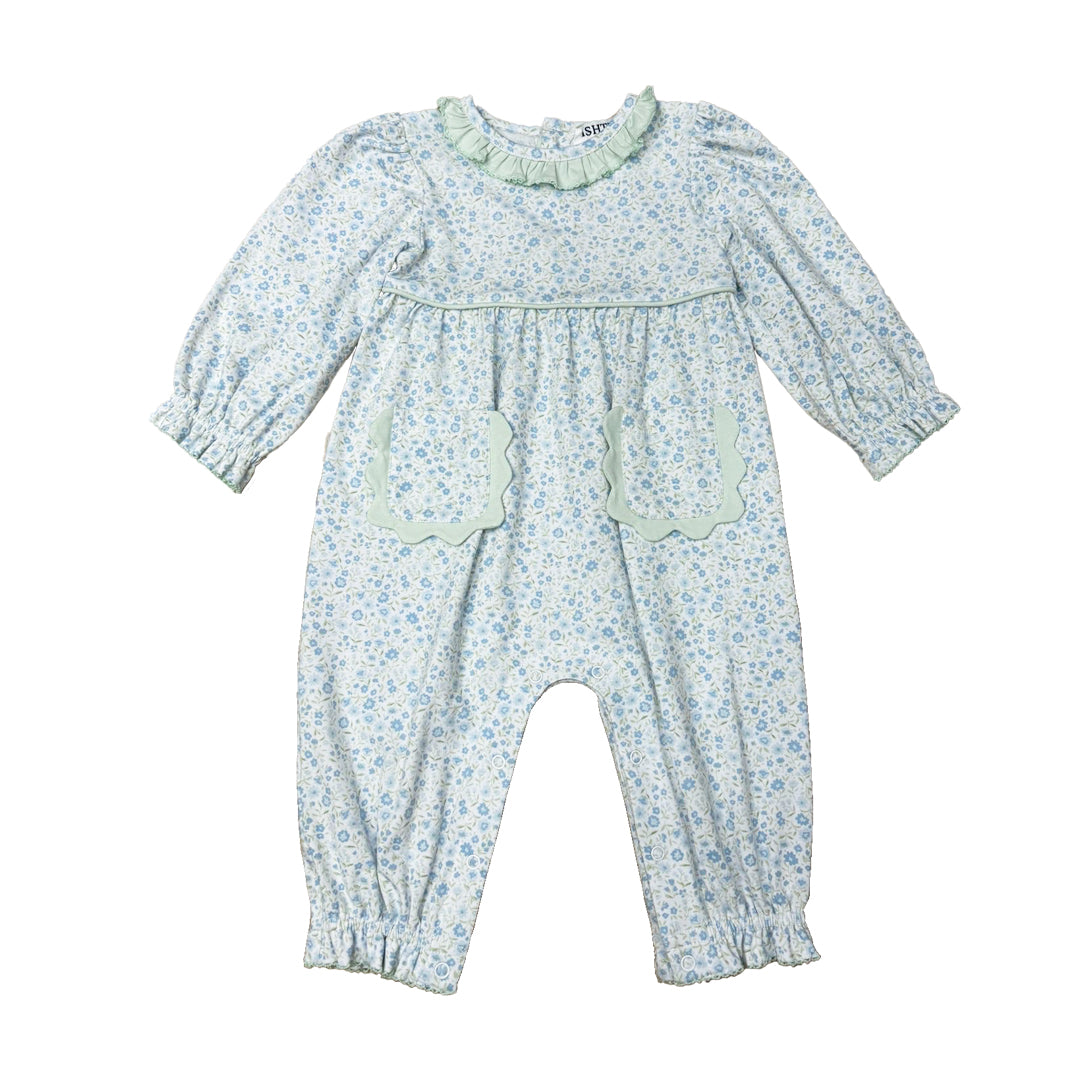 blue floral romper on white background
