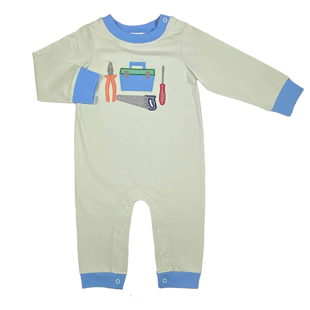 Tool Box Applique Green Long Romper – Classic Baby Boy Outfit with Applique Detailing
