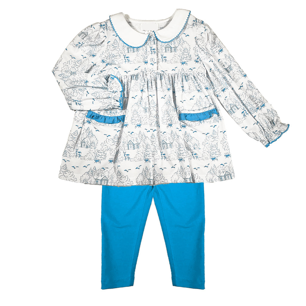 Woodland Toile Blue Leggings Set – Baby Girl Outfit with Classic Woodland Print