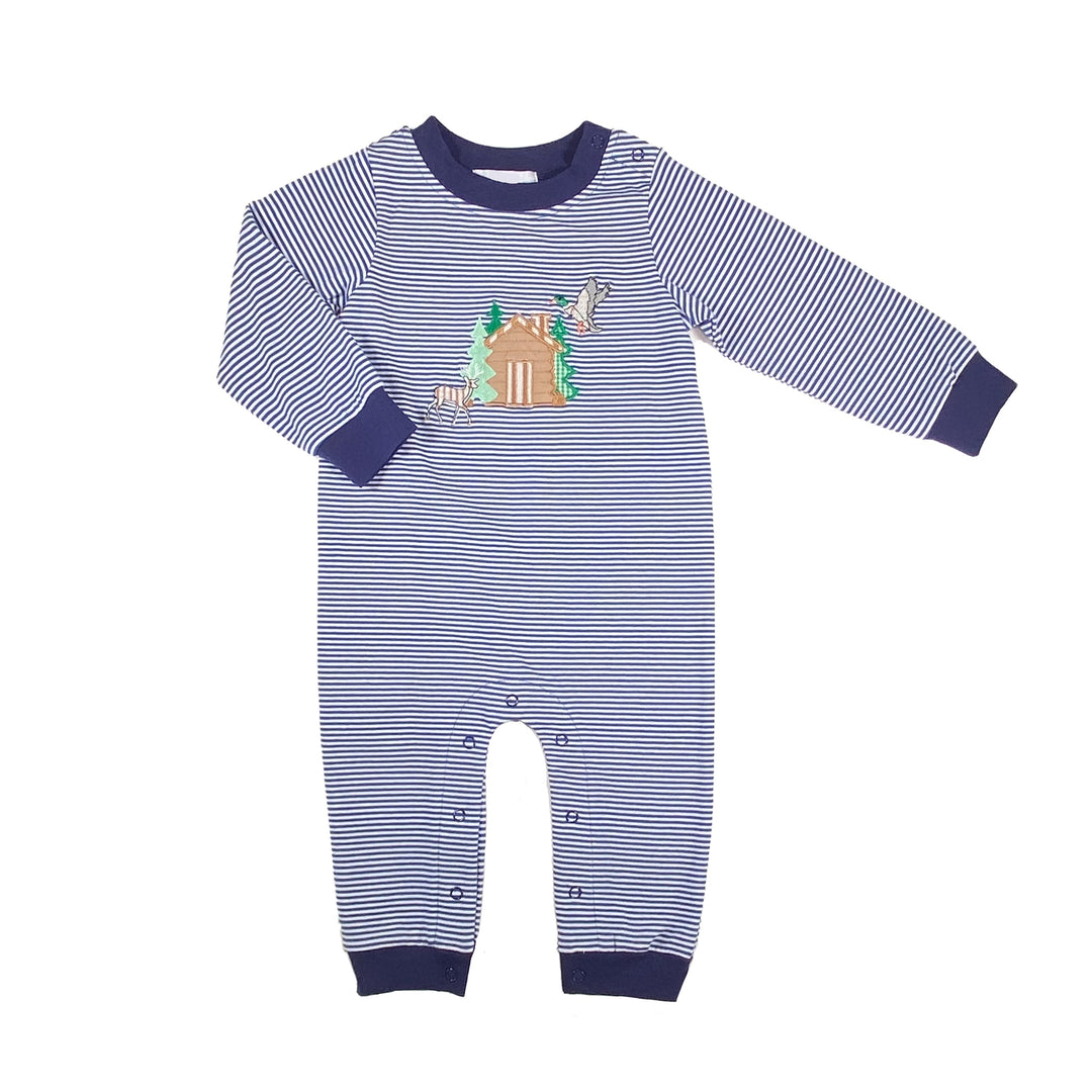 Woodland Cabin Applique Navy Striped Romper – Classic Baby Boy Fall Outfit