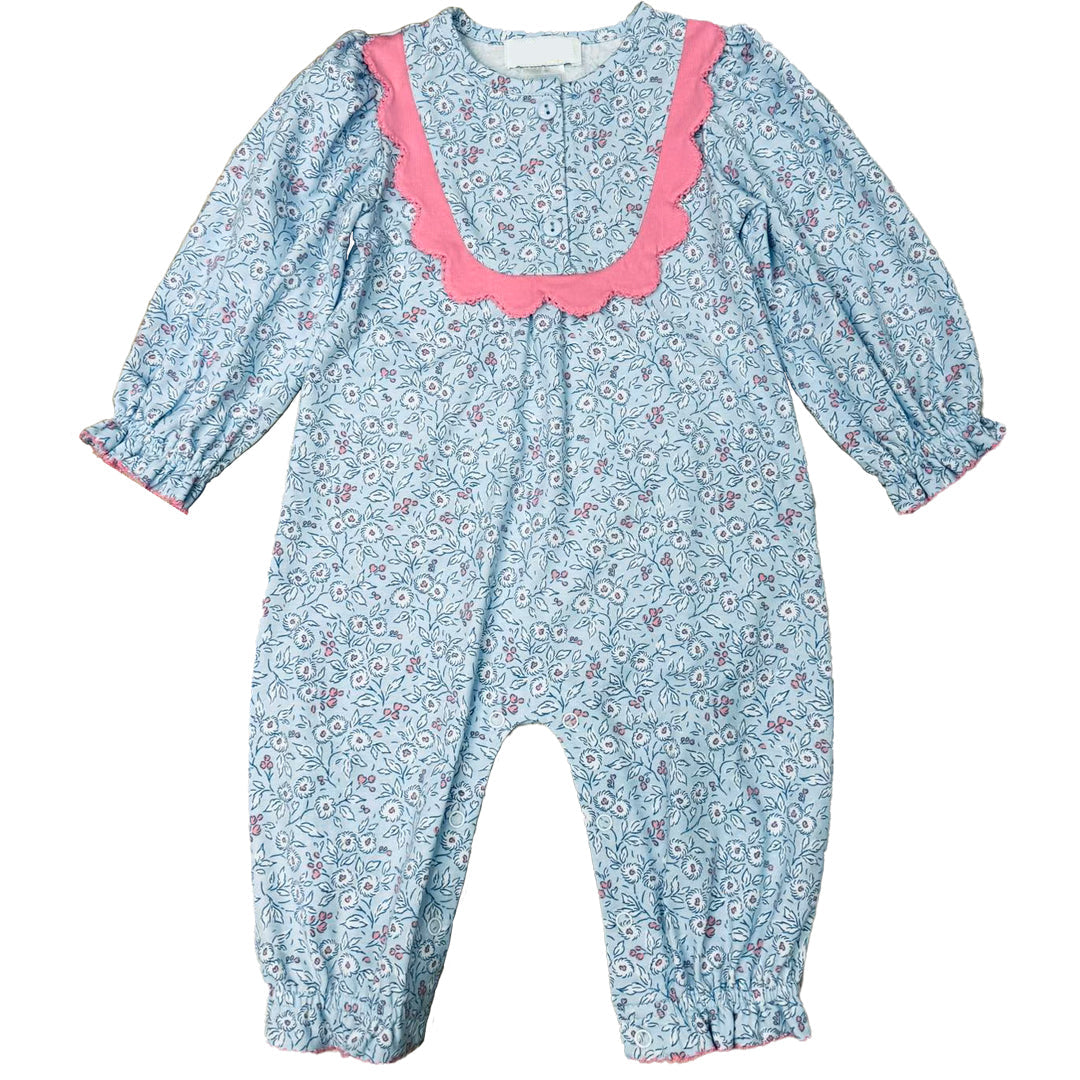 Blue Floral Butterfly Bush Romper with Scalloped Detailing – Classic Baby Girl Floral Outfit