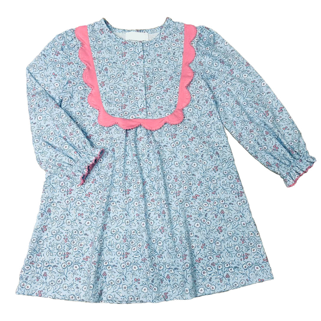 Blue Floral Butterfly Bush Dress with Scalloped Detailing – Classic Baby Girl Floral Outfit