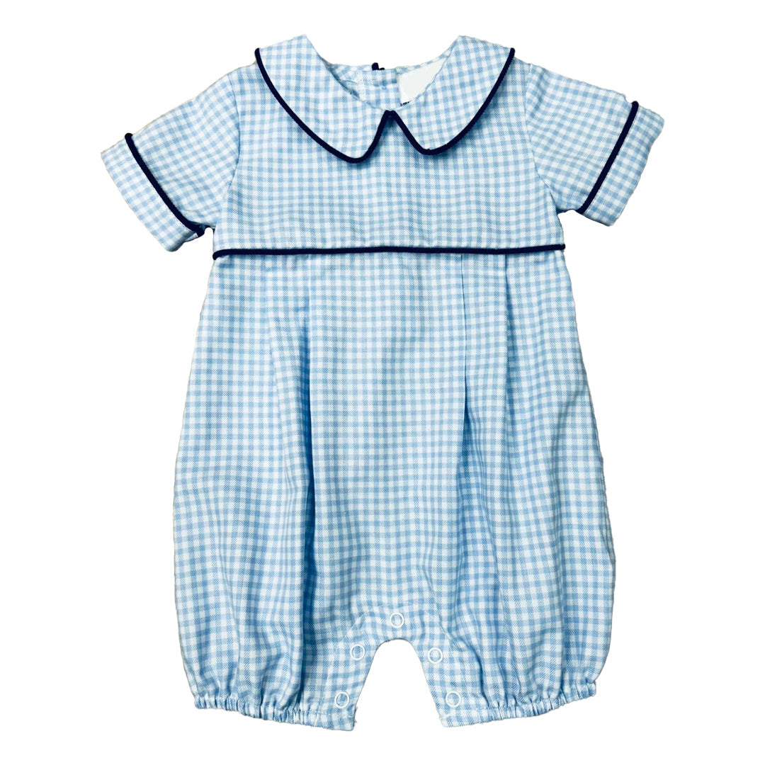 Blue Check with Navy Trim Romper – Classic Baby Boy Checked Outfit