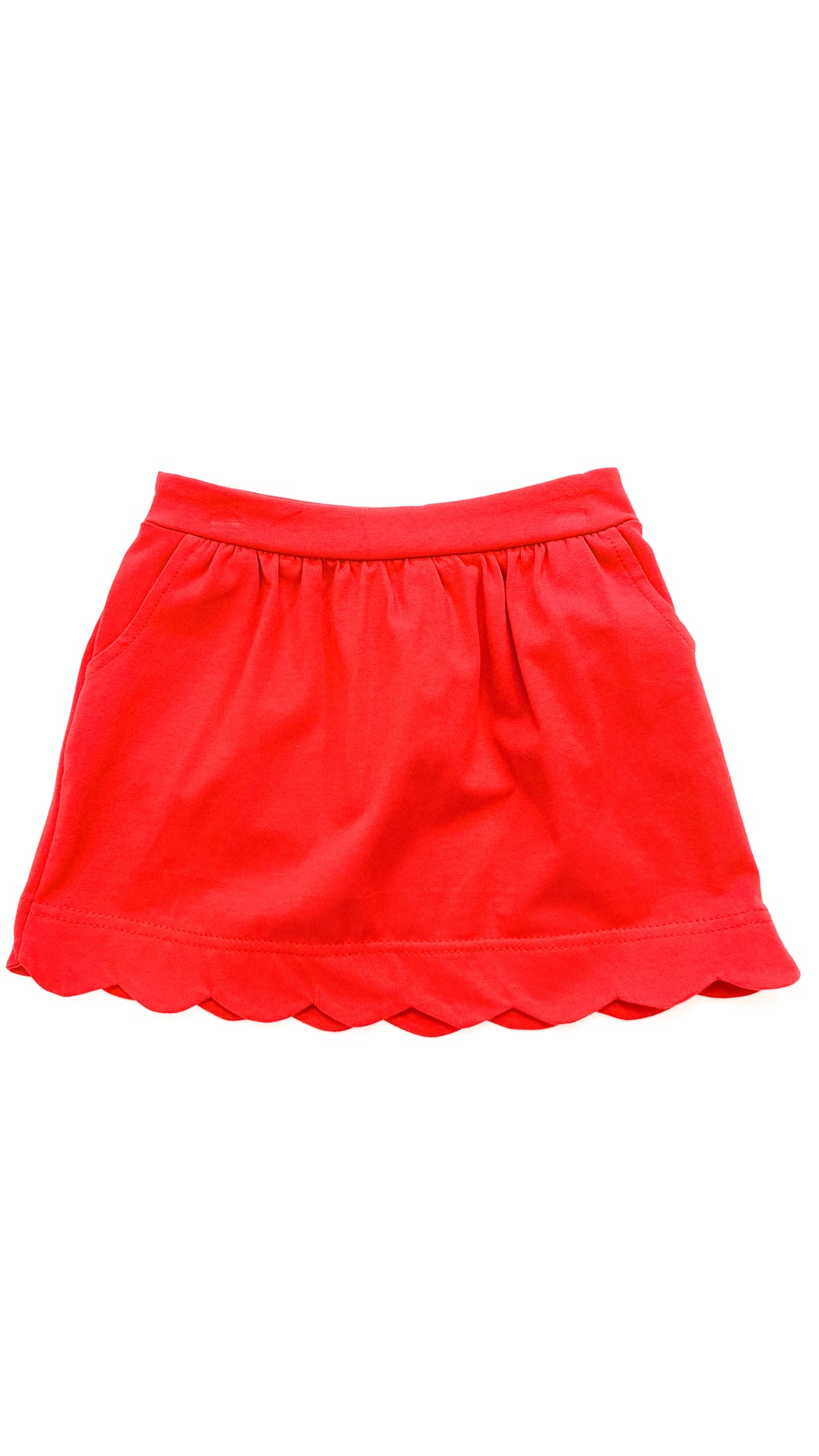 RED SCALLOPED EDGE KNIT SKIRT WITH POCKETS