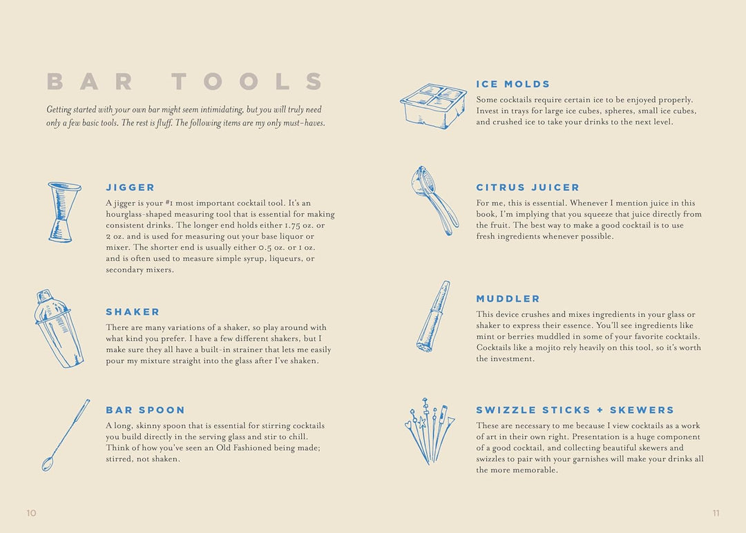 Illustration of bar tools with descriptions on a beige background