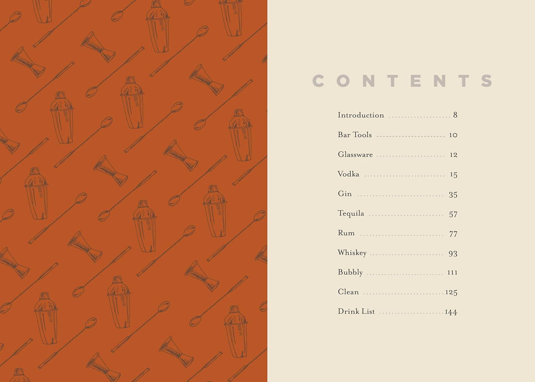 Table of contents for a cocktail book with an orange background and black illustrations of bar tools.