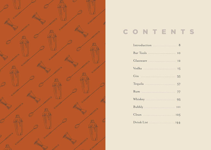 Table of contents for a cocktail book with an orange background and black illustrations of bar tools.
