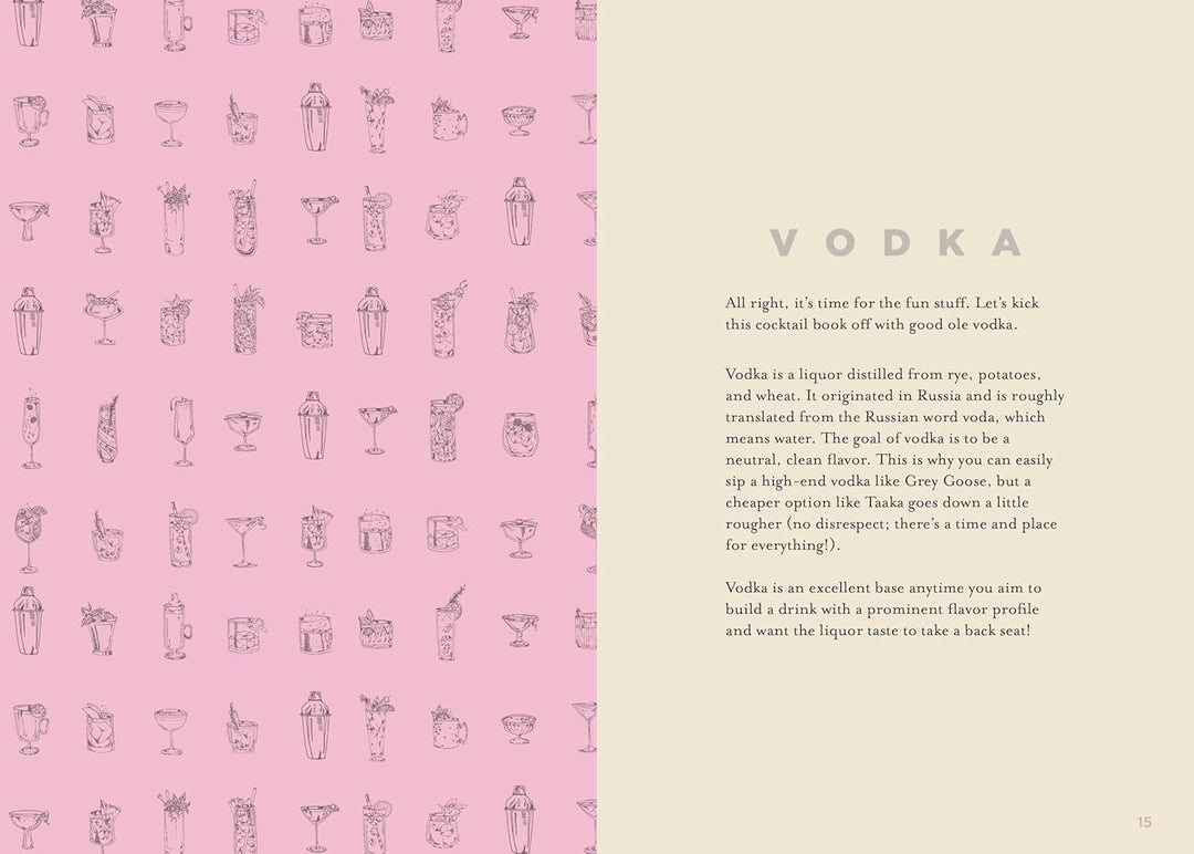 Pink and beige page with vodka illustrations and text on a pink background