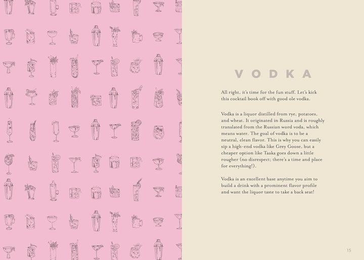 Pink and beige page with vodka illustrations and text on a pink background