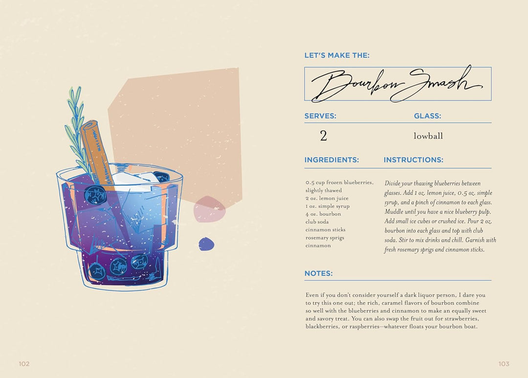 Cocktail recipe card with illustration of a blue cocktail and text on a beige background