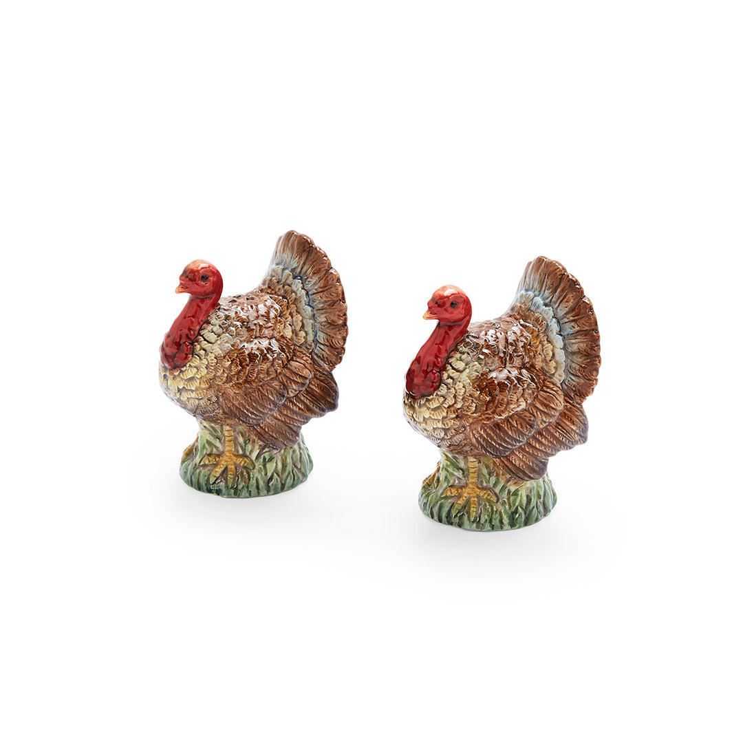 A pair of turkey-shaped salt and pepper shakers with colorful details on a white background.