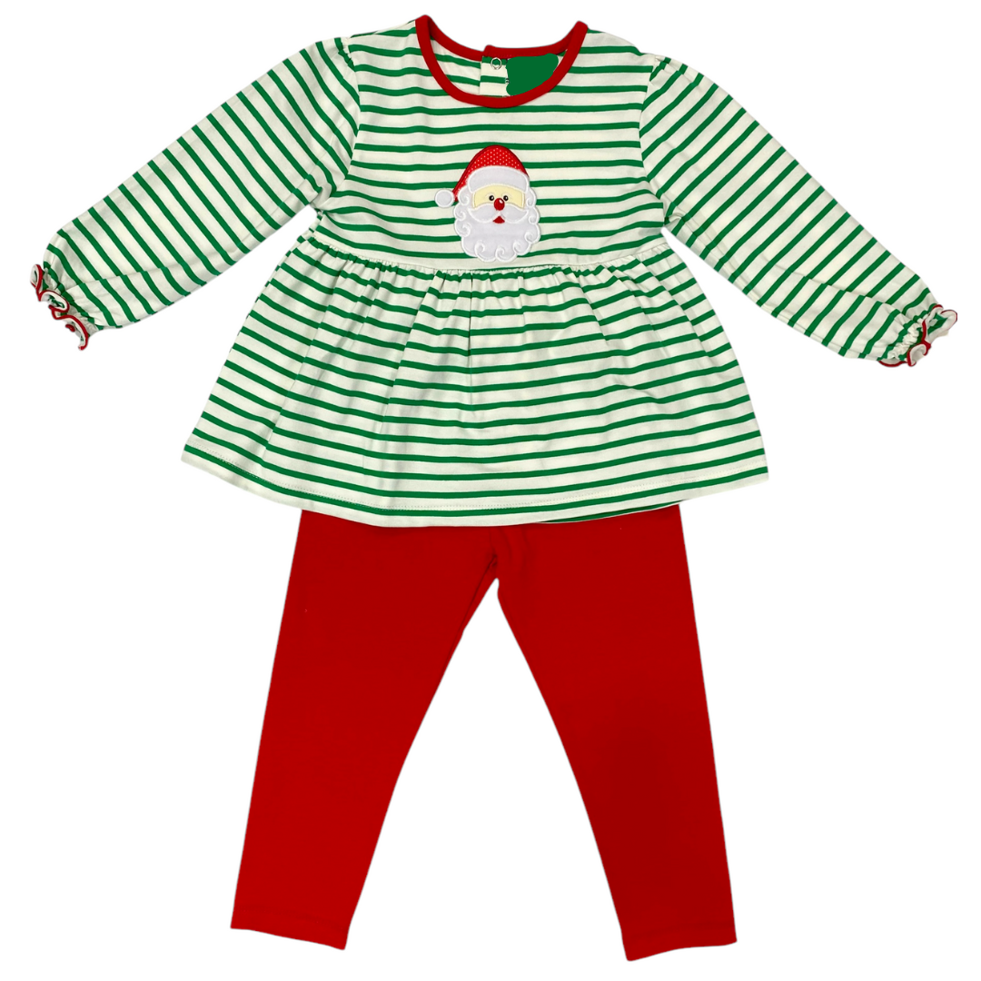 SANTA APPLIQUE GREEN STRIPED LEGGING SET