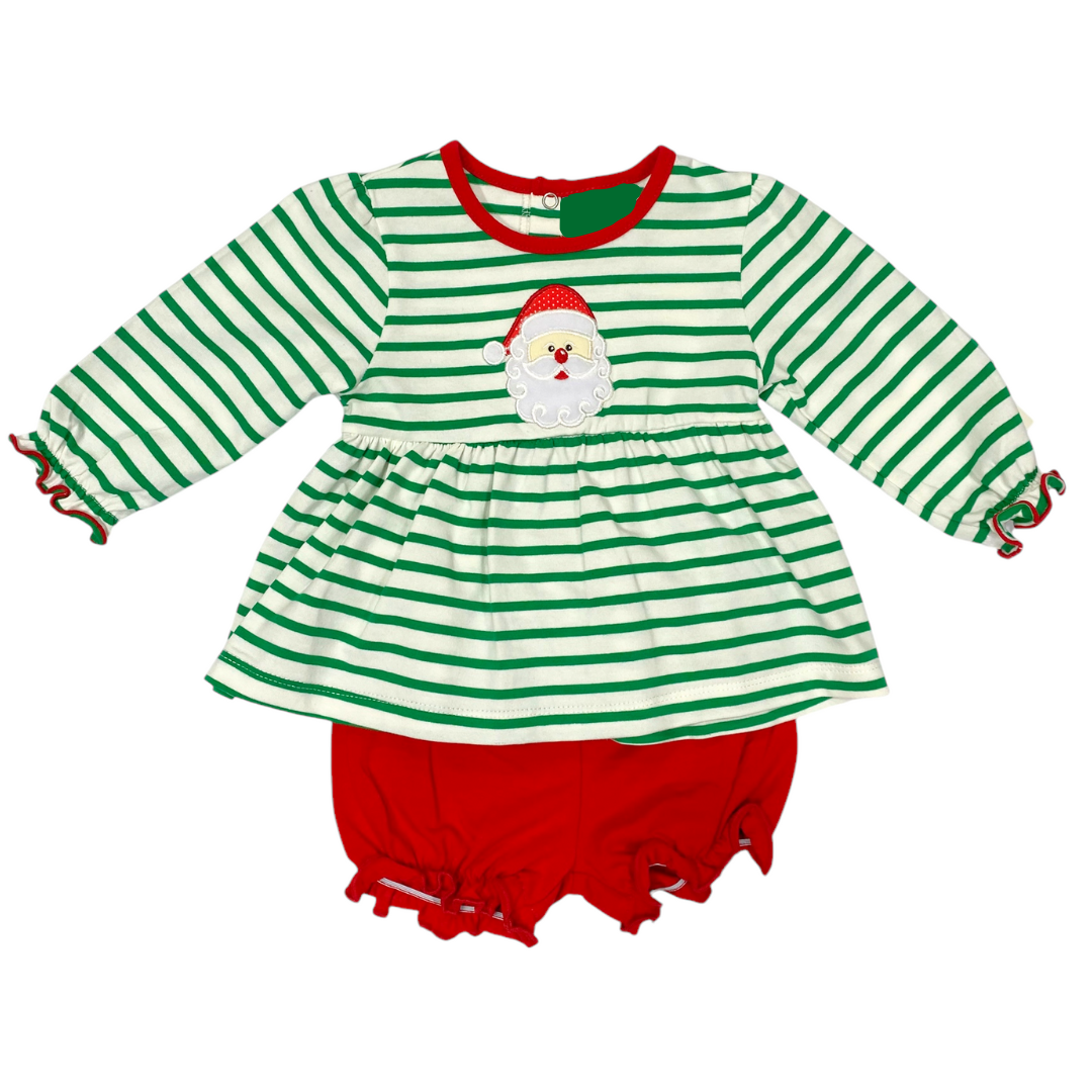 SANTA APPLIQUE GREEN STRIPED BLOOMER SET