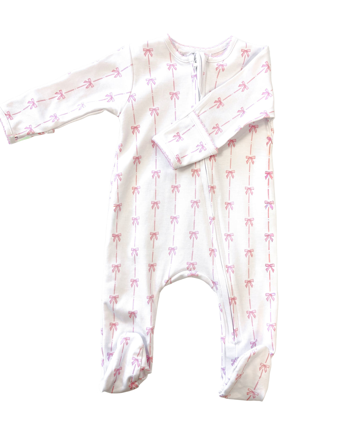 Pink Bow Amelia’s Classics Zipper Footie – Soft Baby Girl Footed Pajamas with Bow Detail | Walker Boutique