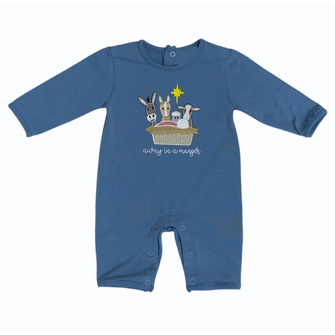 Blue baby romper with nativity scene design on a white background