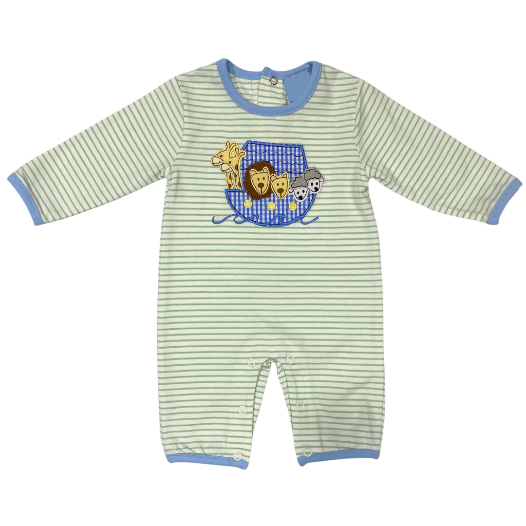 Striped baby romper with appliqué design on a white background