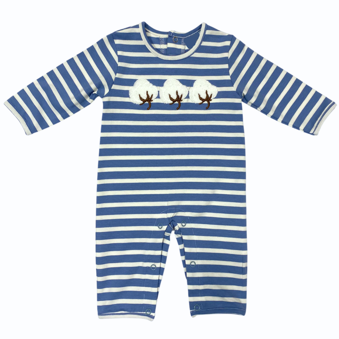 Blue and white striped baby romper with a bird design on a white background