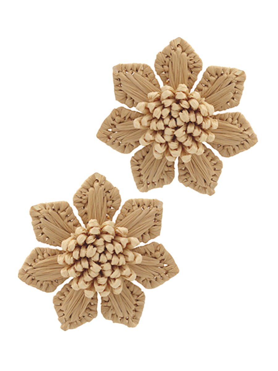 LIGHT BROWN WRAPPED RAFFIA FLOWER EARRINGS