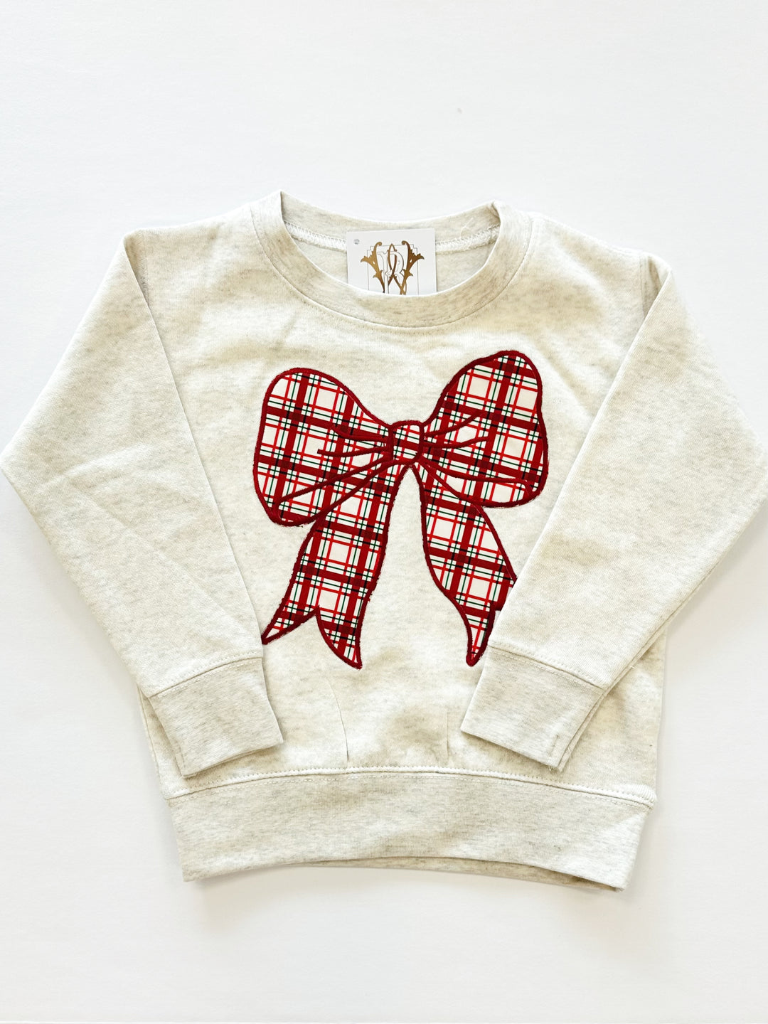CHRISTMAS PLAID BOW PATCH NATURAL SWEATSHIRT