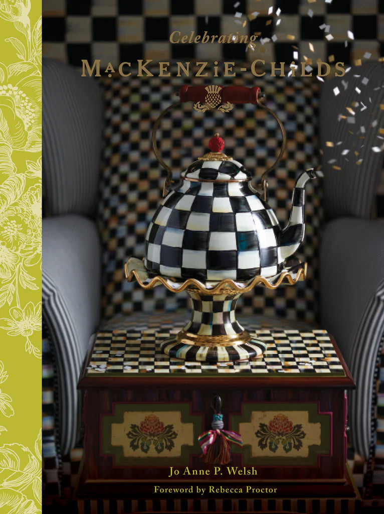 Decorative book cover with a checkered teapot on a stand against a patterned background