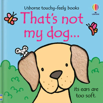 Book cover of 'That's not my dog' with a cartoon dog and butterflies on a blue background