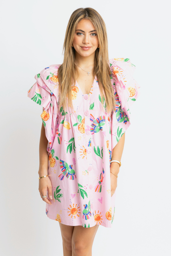 KARLIE: PINK TOUCAN FRUIT VNECK RUFFLE DRESS