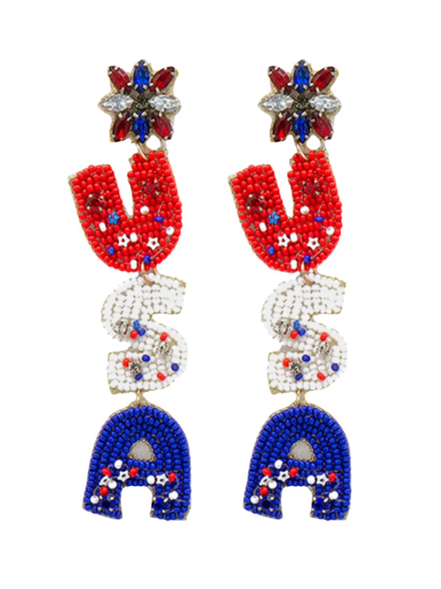 BEADED USA LETTER EARRINGS