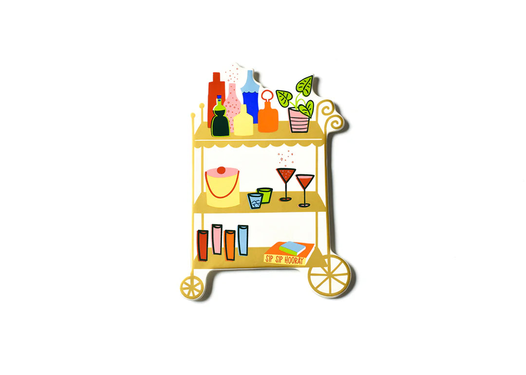 Illustration of a bar cart with drinks and glasses on a white background