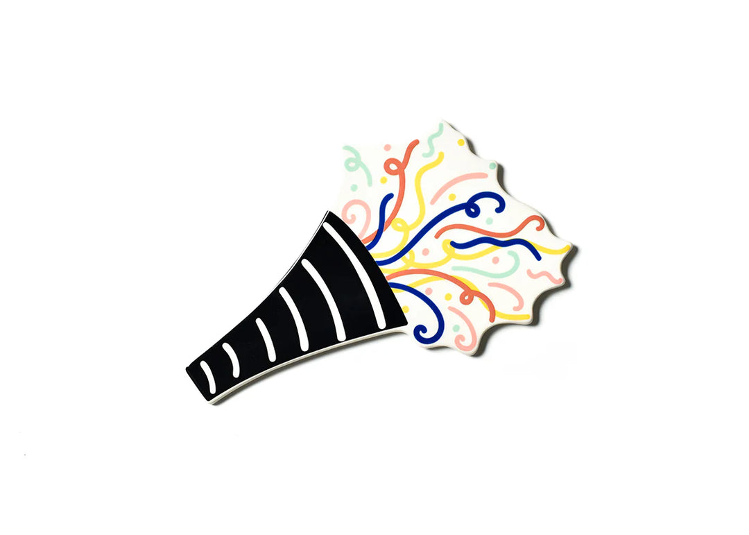 party horn attachment with black base & multi color streamers coming out the top