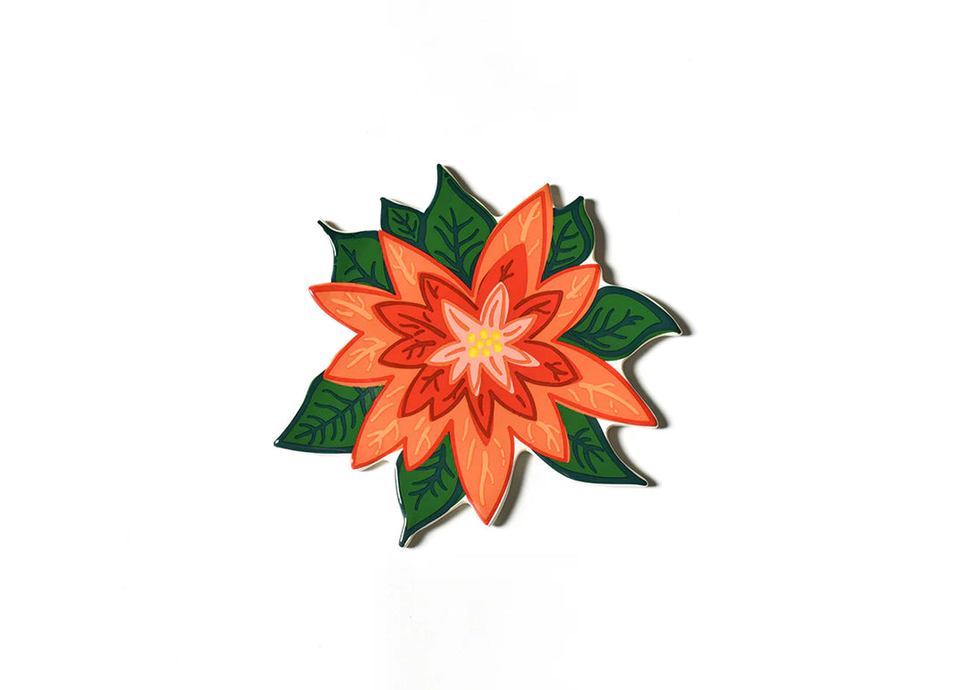 Floral design with orange center and green leaves on a white background