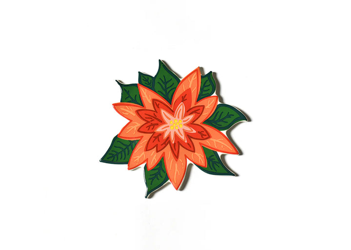 Floral design with orange center and green leaves on a white background