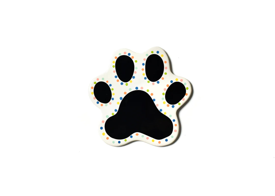 Black paw print with colorful dots on a white background