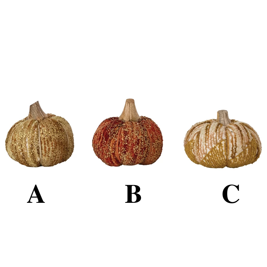 Three decorative pumpkins labeled A, B, and C on a white background