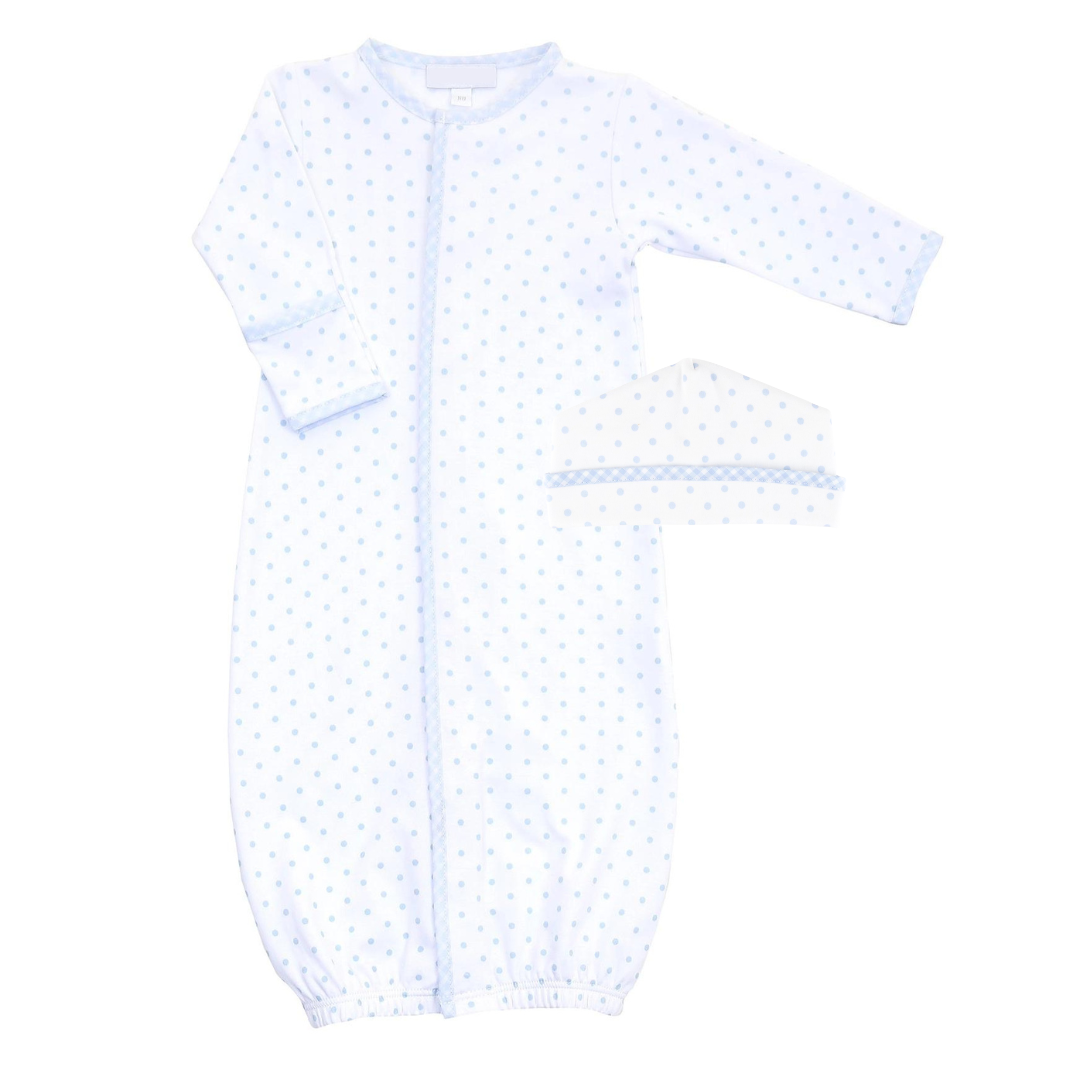 BLUE DOTS & GINGHAM TRIM CONVERTER GOWN & HAT SET
