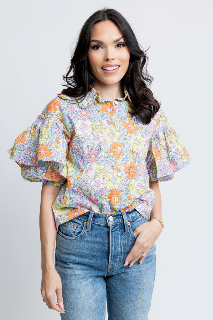 KARLIE: MULTI FLORAL LONDON BUTTON RUFFLE SLEEVE TOP
