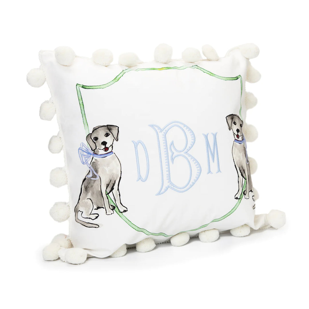 CUSTOM MONOGRAM BLACK PUPPY DOG WITH BLUE BOW PILLOW
