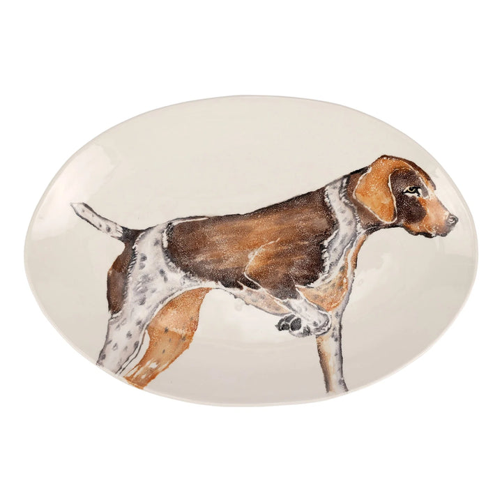 A round, shallow oval bowl featuring an illustration of a dog, specifically a Pointer, in a natural setting.