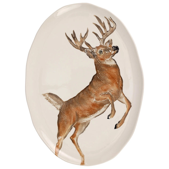 A large oval platter featuring an illustration of a deer with antlers, in a beige and brown color palette.