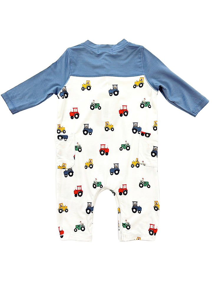 Mini Tractors Bamboo Long Romper with Navy Contrast Sleeves – Soft Bamboo Baby Boy Outfit with Tractor Print | Walker Boutique