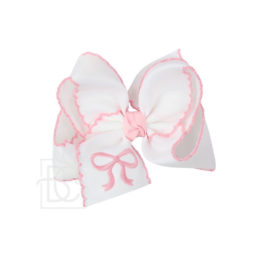 WHIT BOW WITH LIGHT PINK TRIM AND BOW EMBROIDERY