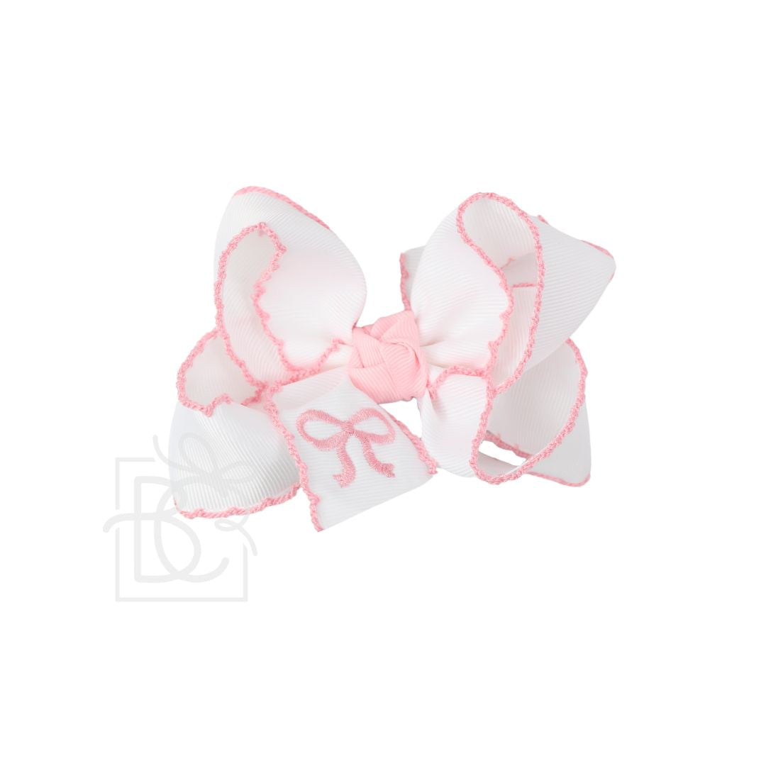 WHITE CROCHETED EDGE BOW WITH LIGHT PINK BOW DESIGN