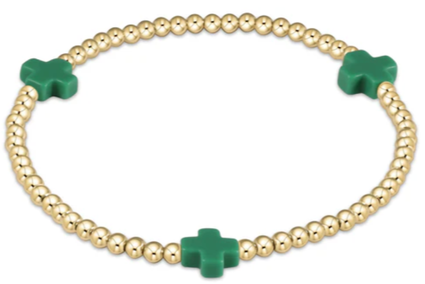 SIGNATURE CROSS GOLD PATTERN 3MM BEAD BRACELET - EMERALD