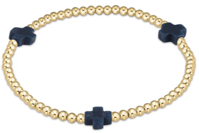 SIGNATURE CROSS GOLD PATTERN 3MM BEAD BRACELET - NAVY