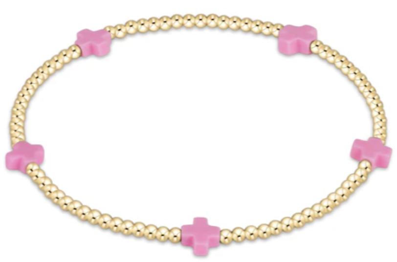 EGIRL SIGNATURE CROSS SMALL GOLD PATTERN 2MM BEAD BRACELET - BRIGHT PINK