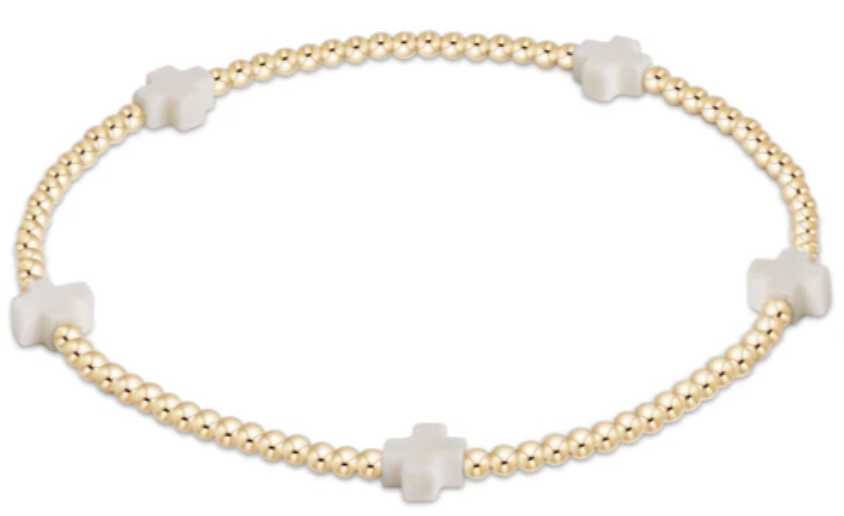 EGIRL SIGNATURE CROSS SMALL GOLD PATTERN 2MM BEAD BRACELET - OFF WHITE