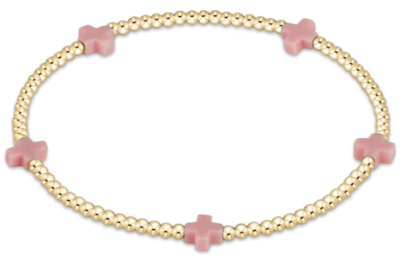 EGIRL SIGNATURE CROSS SMALL GOLD PATTERN 2MM BEAD BRACELET - PINK