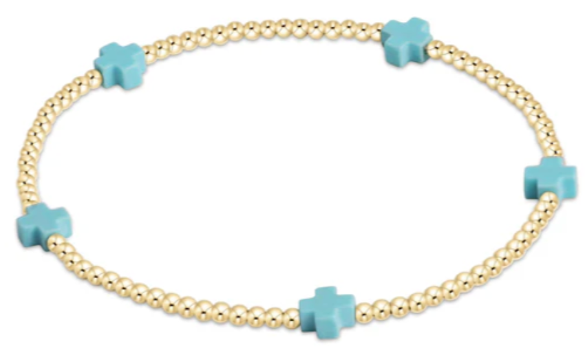 EGIRL SIGNATURE CROSS SMALL GOLD PATTERN 2MM BEAD BRACELET - TURQUOISE