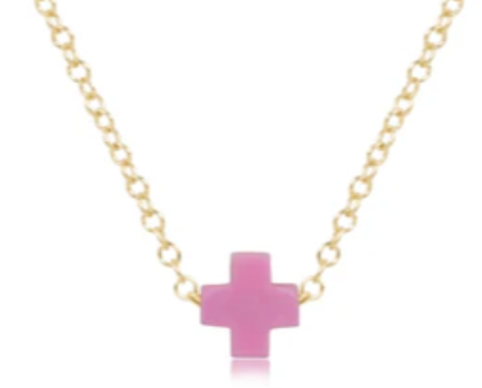 EGIRL 14" NECKLACE GOLD, SIGNATURE CROSS SMALL BRIGHT PINK